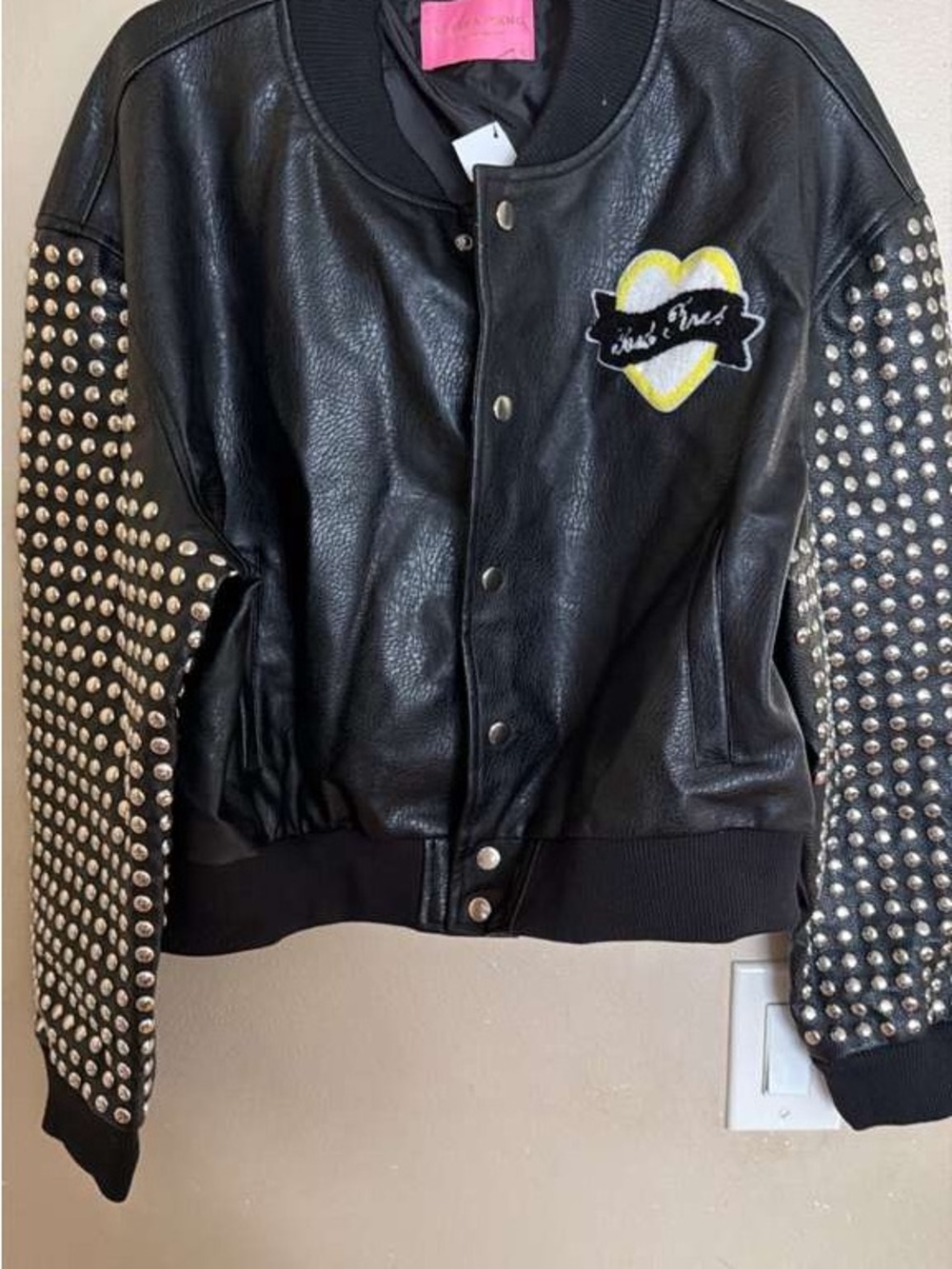 Studded Black Leather Bomber Jacket with Heart Patch